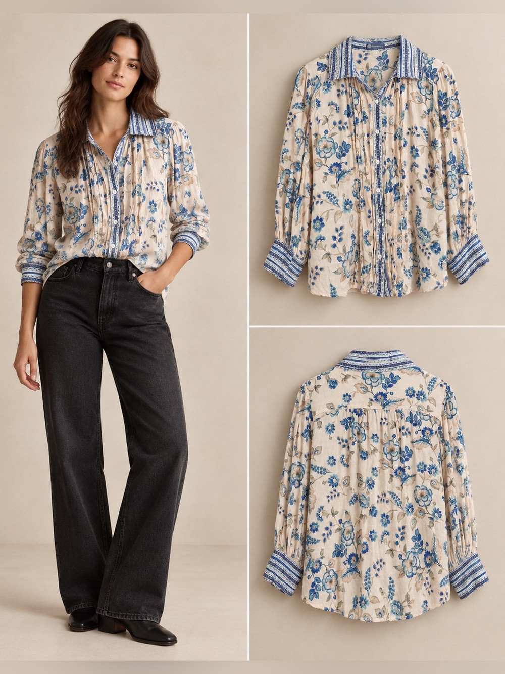 Democracy Petite Blue Floral Pintuck Button-Down Blouse PM